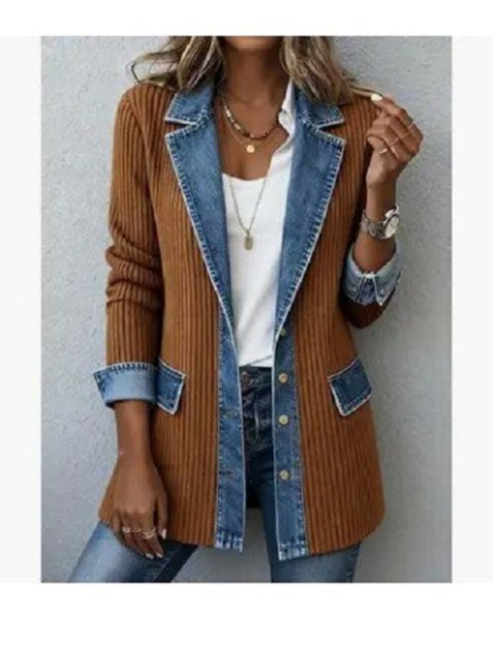 Knit and Denim Trim Cardigan